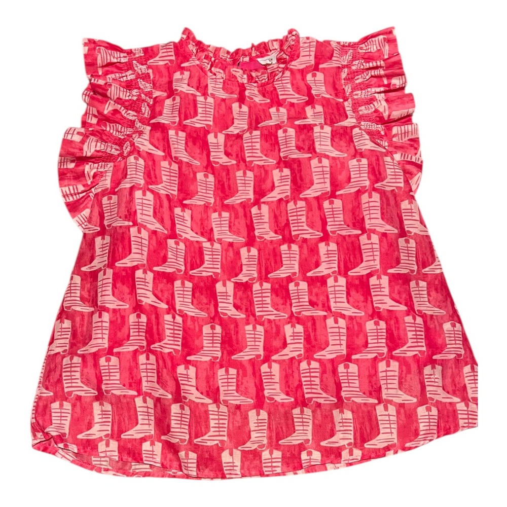 J. Marie Dolly Ruffle Sleeve Pink Top All Over Cowgirl Boots Design Size Small